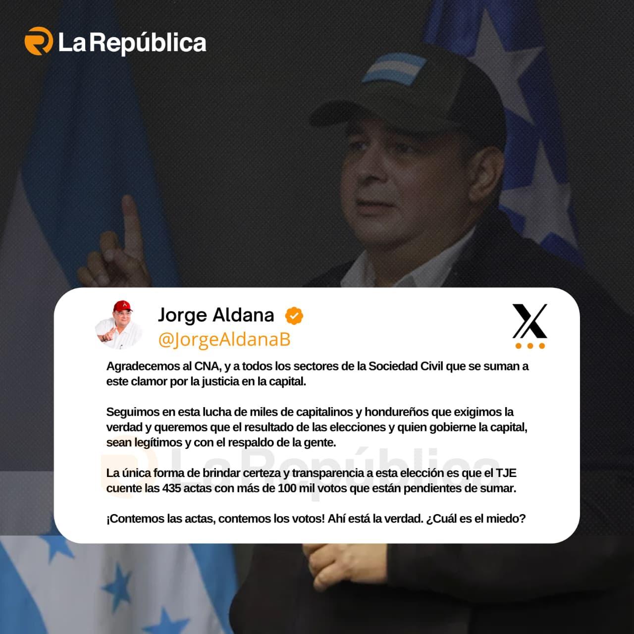 El alcalde del Distrito Central, Jorge Aldana, agradeció al CNA y a los sectores de la sociedad civil que se suman al clamor por la justicia - Cover Image